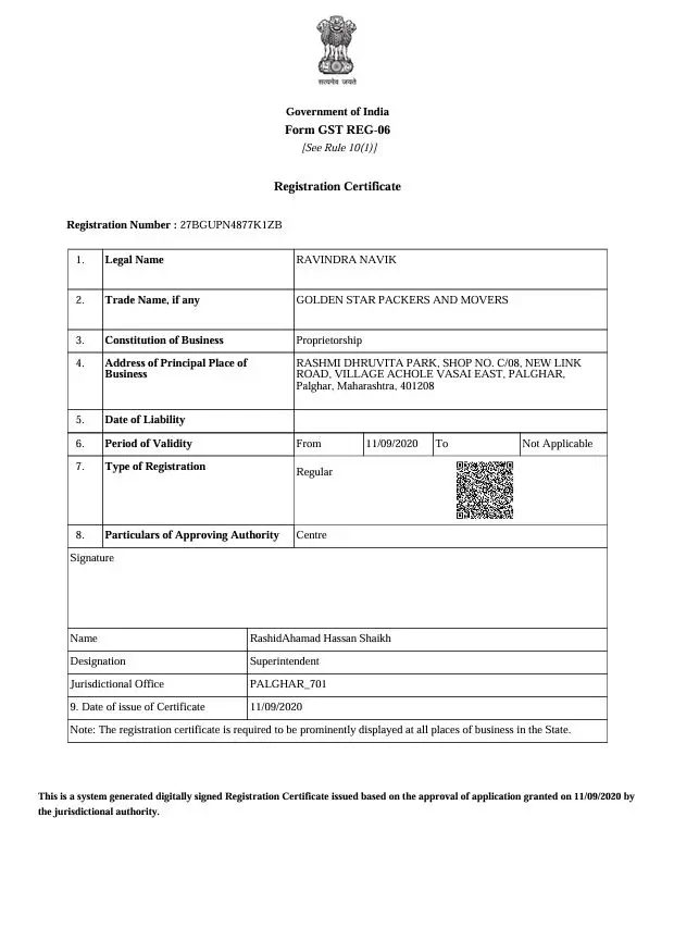 Form GST REG-06 Registration Certificate - Golden Star Packers and Movers