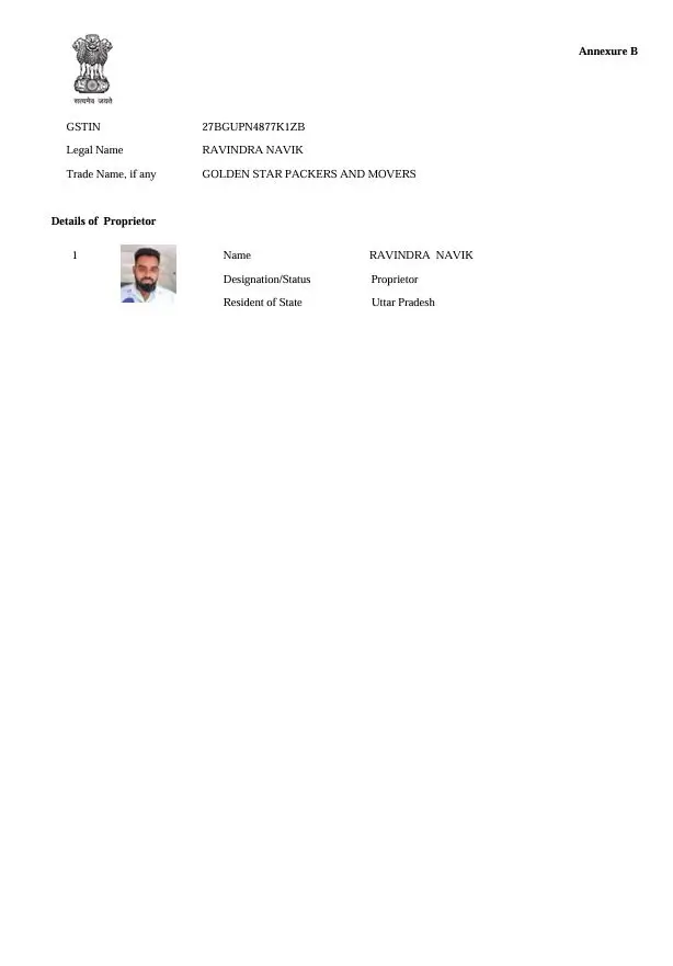 GST Registration Annexure B Proprietor Details - Golden Star Packers and Movers